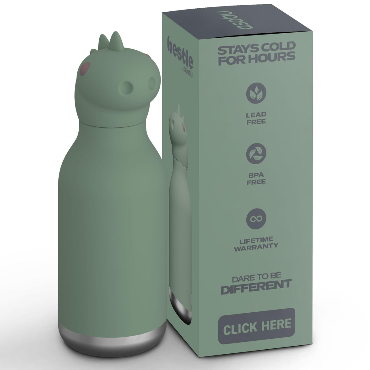 Asobu Bestie Bottle Dinosaur front view, insulated stainless steel for all-day hydration.