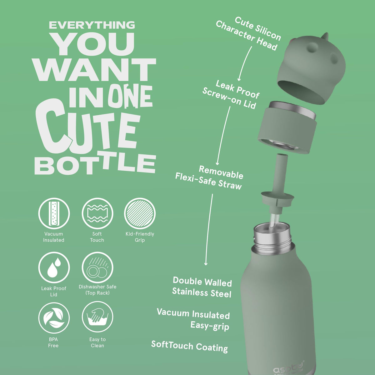 Asobu Bestie Bottle Dinosaur straw close-up for easy sipping on the go.