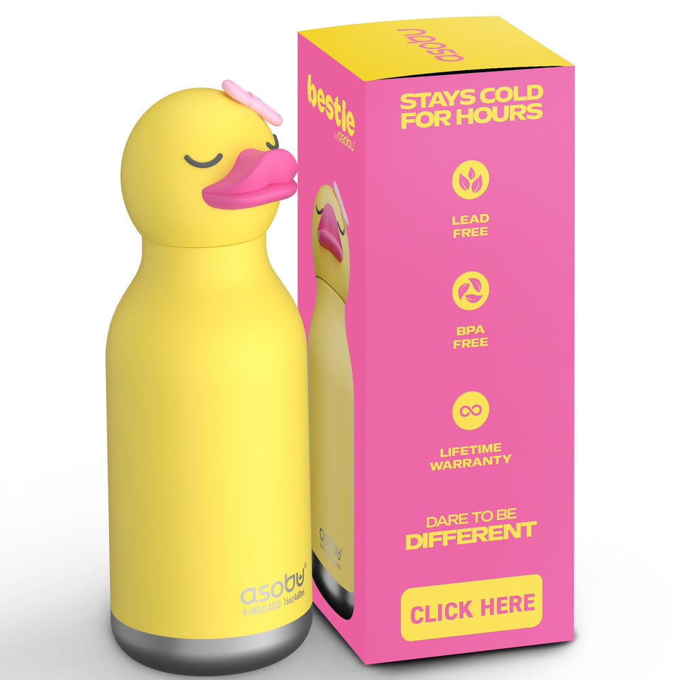 Asobu Bestie Bottle with duck head and detachable straw for on-the-go sipping.