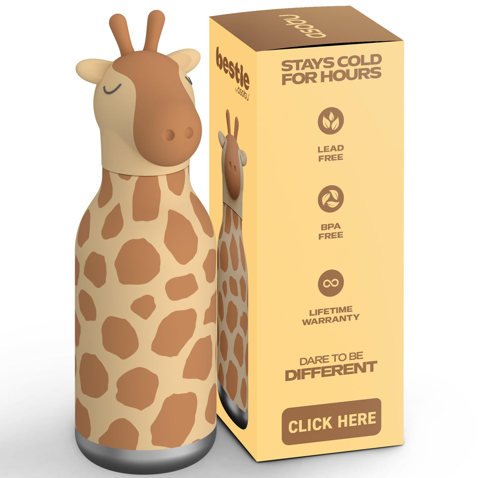Asobu Bestie Bottle with giraffe head and closed cap keeps drinks cool for hours.