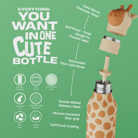 Asobu Bestie Bottle with giraffe head soft attachment adds playful grip for kids.