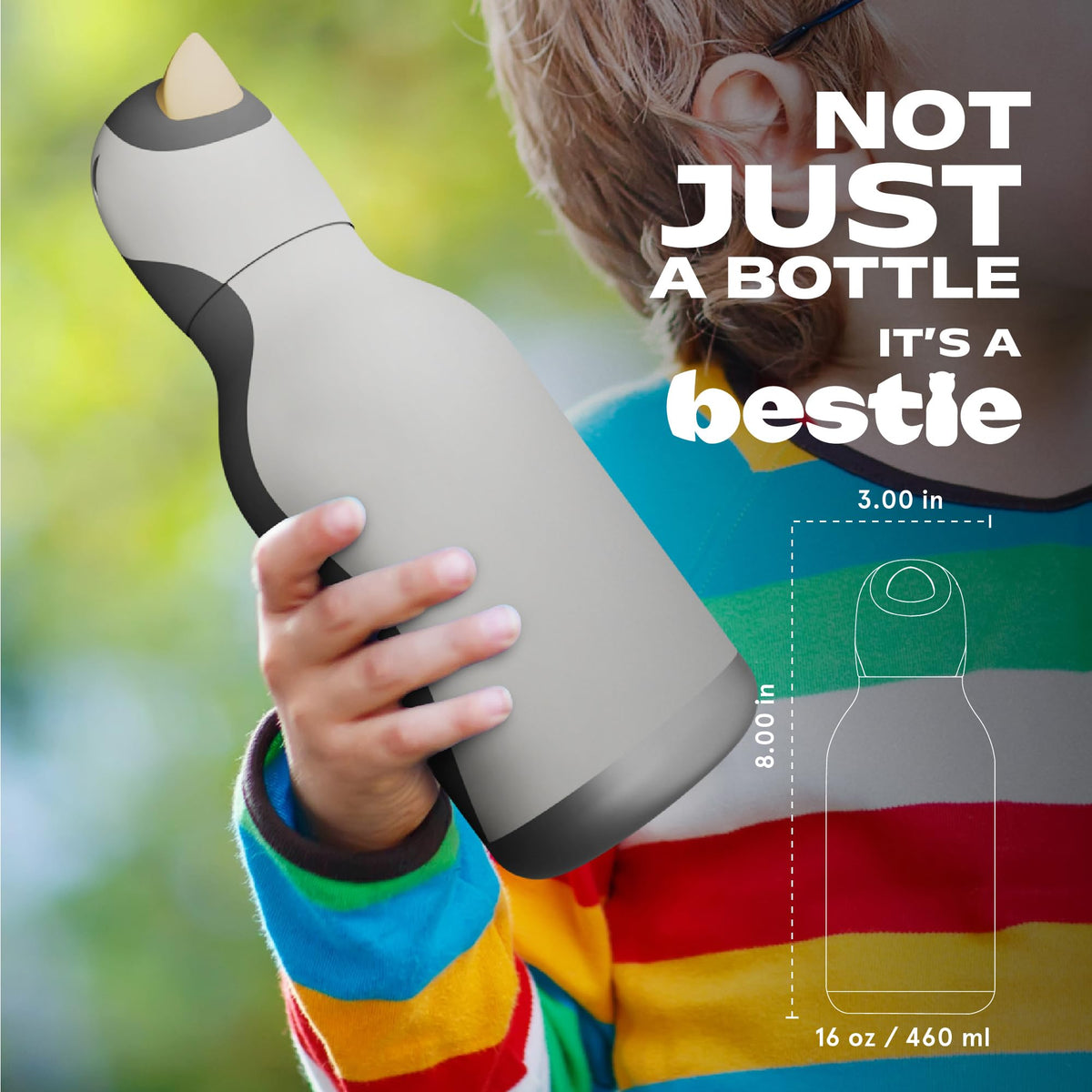 Asobu Bestie penguin bottle shown in backpack for on-the-go hydration.