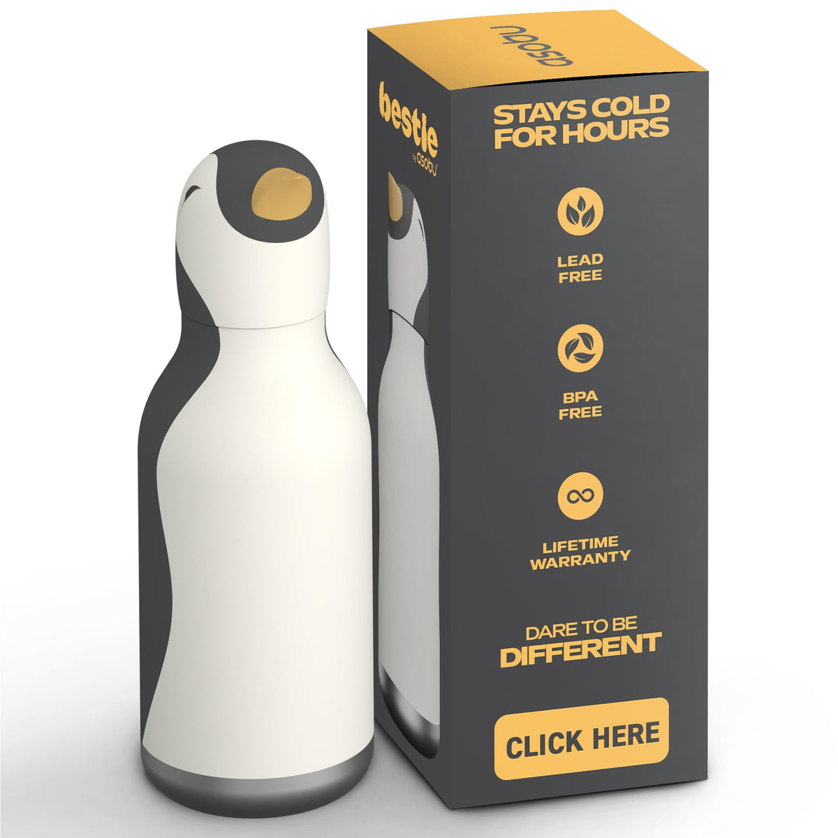 Asobu Bestie penguin head bottle for kids with detachable head and playful design.