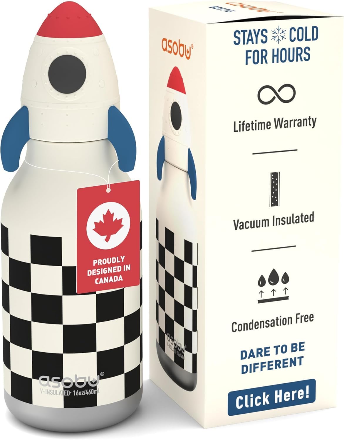 asobu Bestie Bottle rocket-checker front view for kid-friendly hydration on the go.