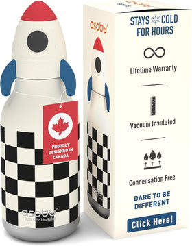 asobu Bestie Bottle rocket-checker front view for kid-friendly hydration on the go.