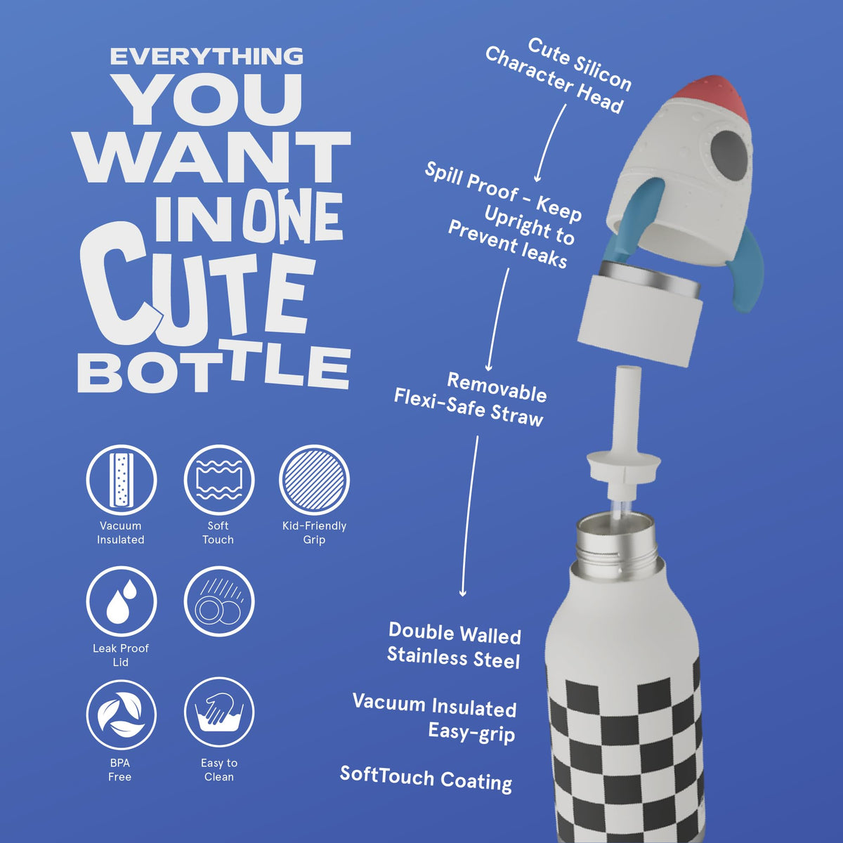 asobu Bestie Bottle rocket-checker lid closeup highlights leak-proof seal.