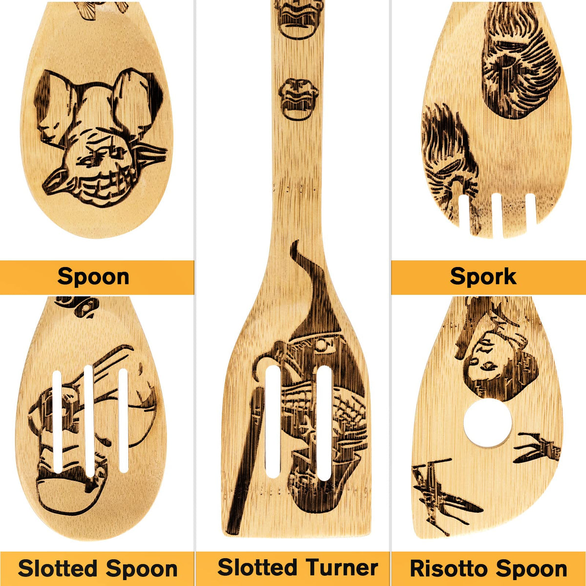 Asrnten Star War bamboo utensil set highlights natural aroma and eco friendly material.