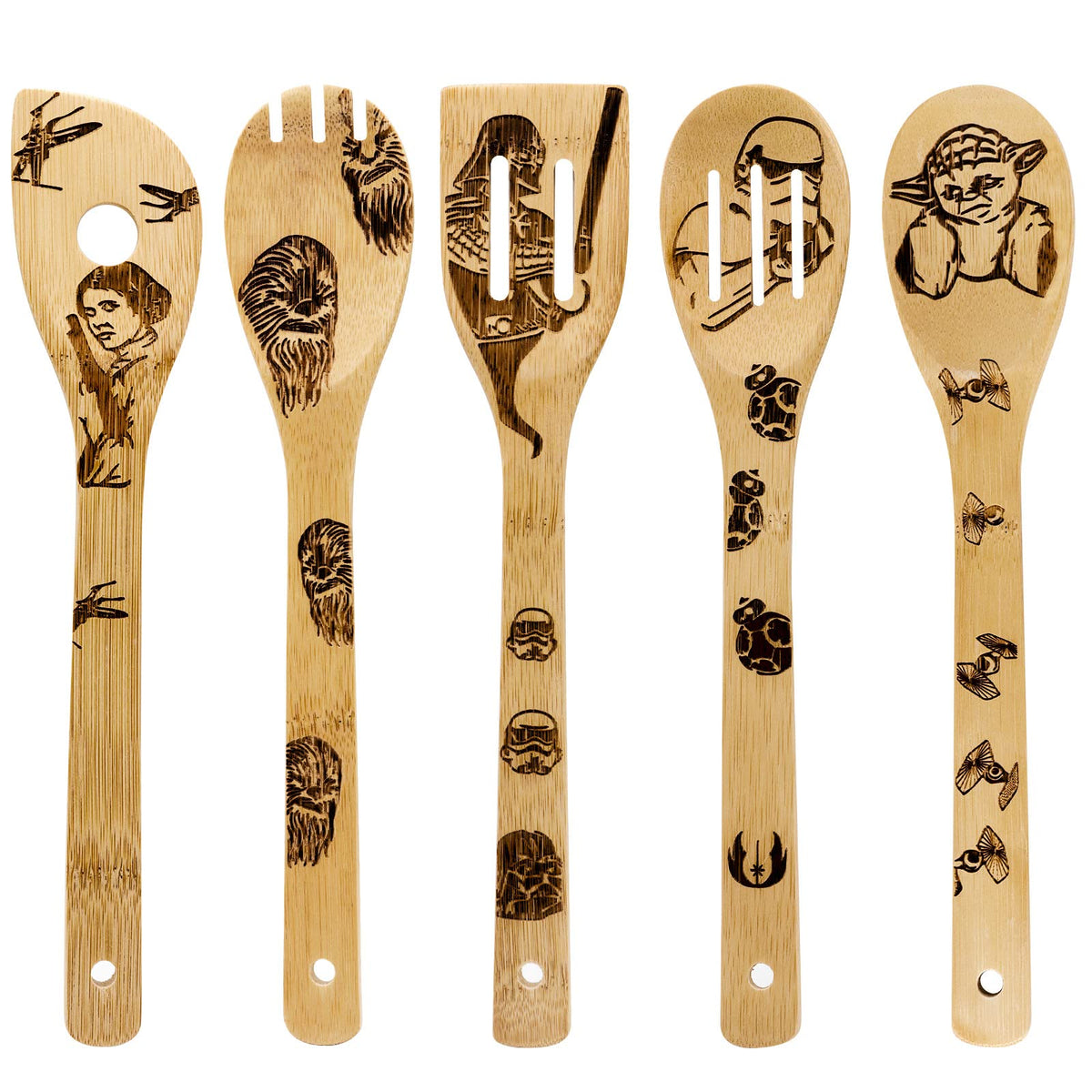 Asrnten Star War wooden spoons with heat-resistant bamboo handles for nonstick pans.