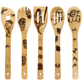 Asrnten Star War wooden spoons with heat-resistant bamboo handles for nonstick pans.