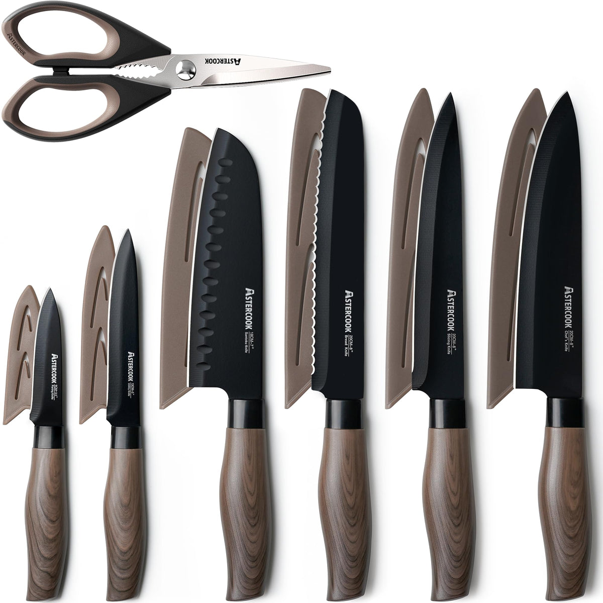 Astercook 13-piece knife set with black coating for durable kitchen prep.
