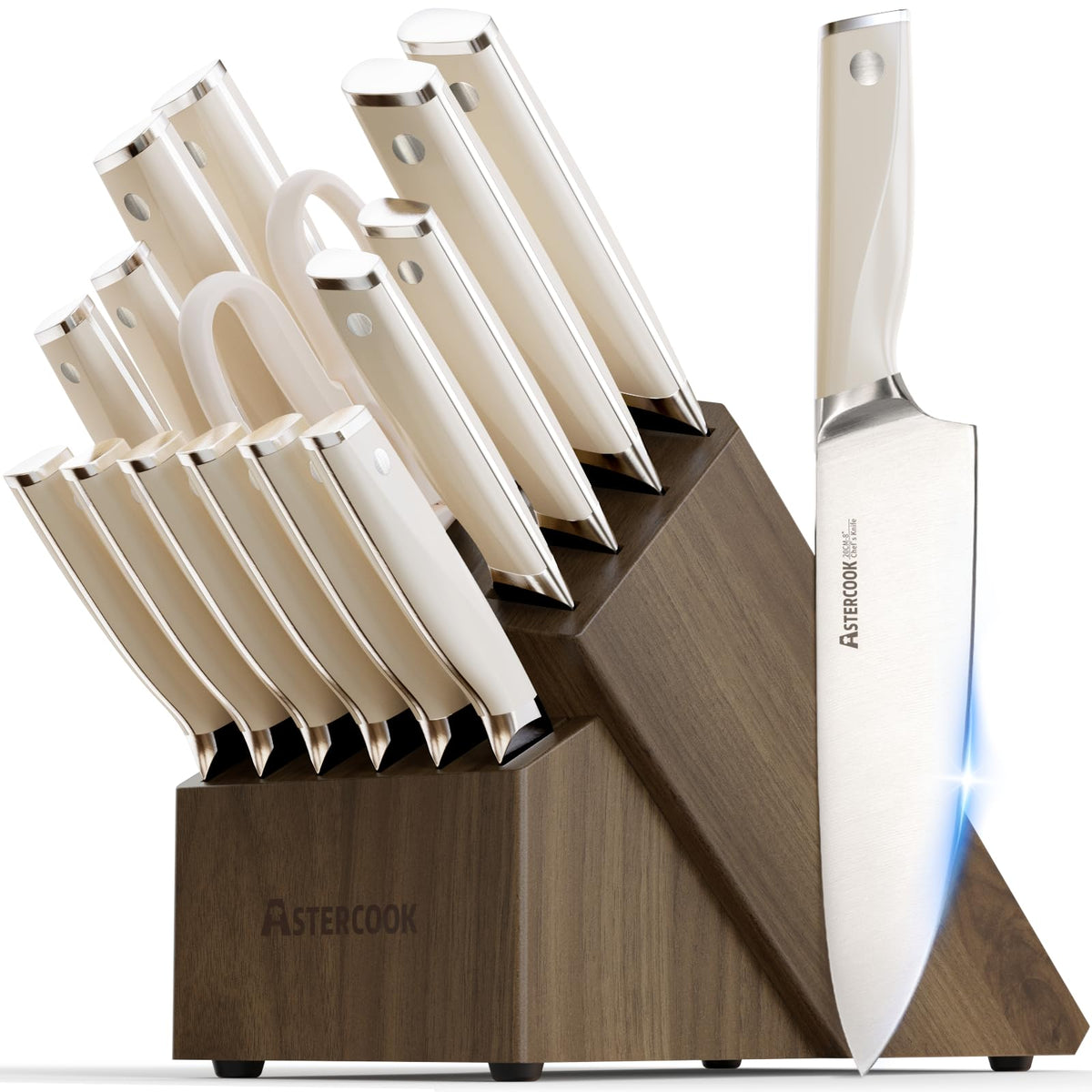 Astercook 17-piece knife set in a wood block with built-in sharpener for easy edge maintenance.