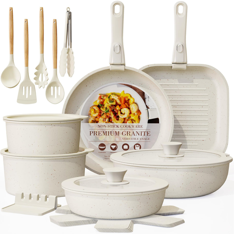 Astercook 23-piece pots and pans set, stackable design for easy storage.