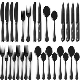 Astercook 24-piece black silverware set for four with durable food-grade stainless steel.