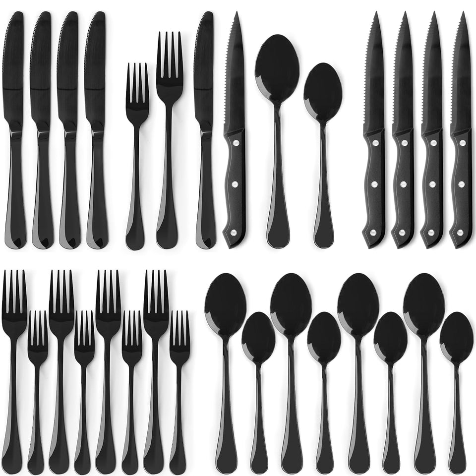 Astercook 24-piece black silverware set for four with durable food-grade stainless steel.