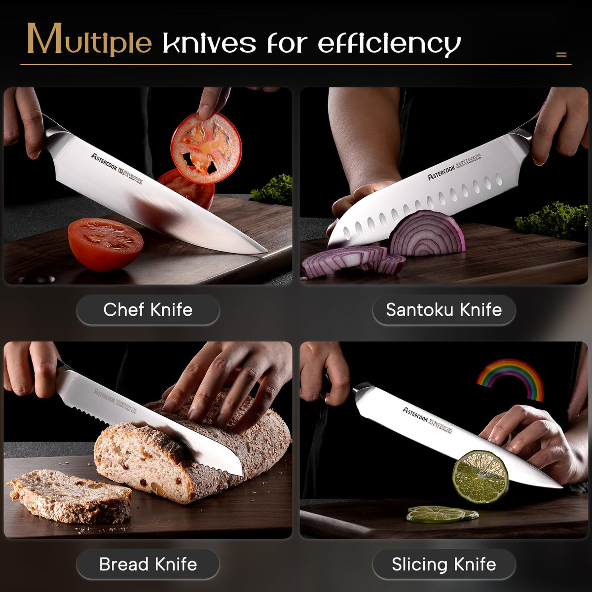 Astercook 6pc serrated steak knives for clean portioning.