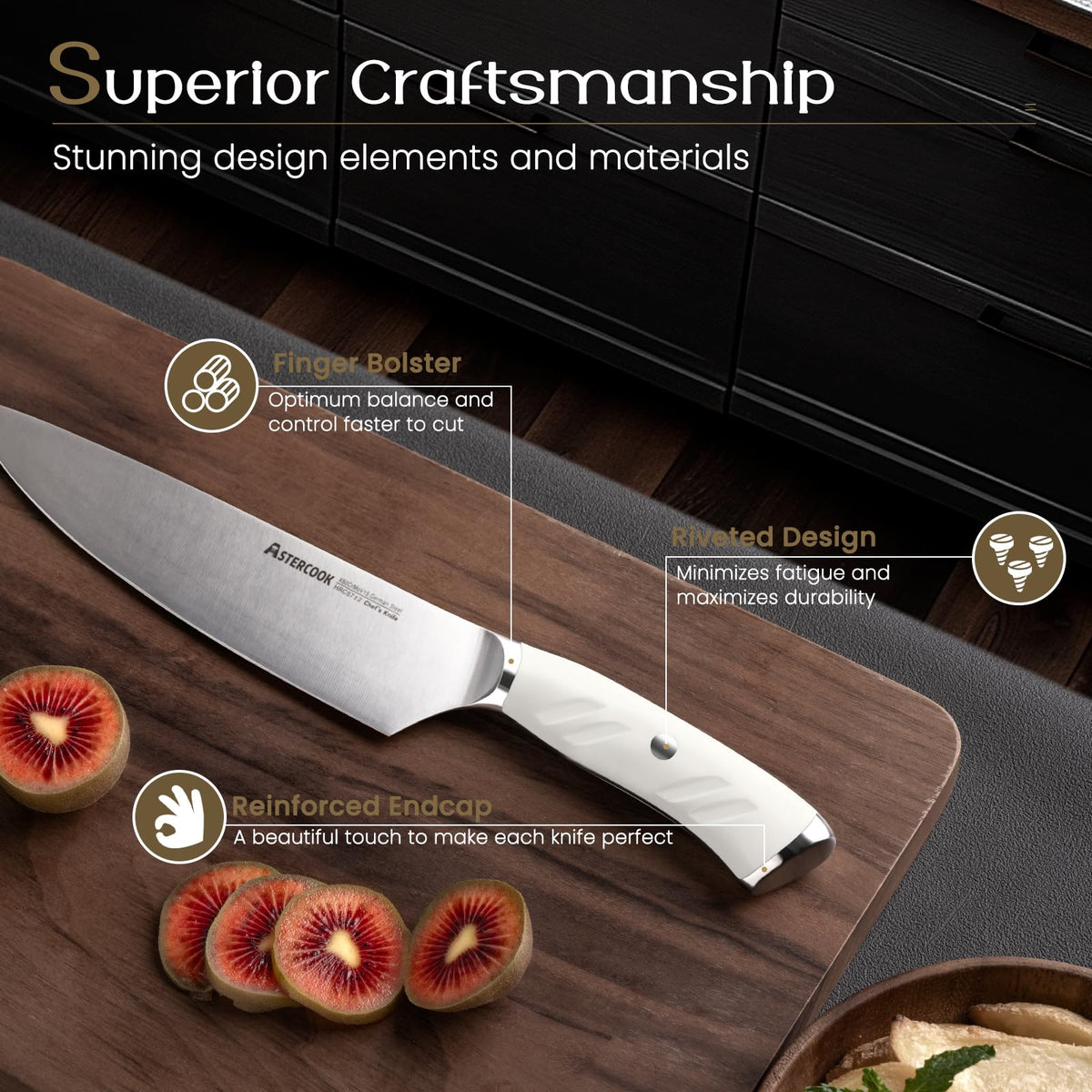 Astercook 8-inch slicing knife designed for clean cuts.