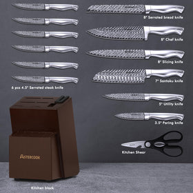 Astercook 8-inch chef knife shows full-tang design for balanced cutting.