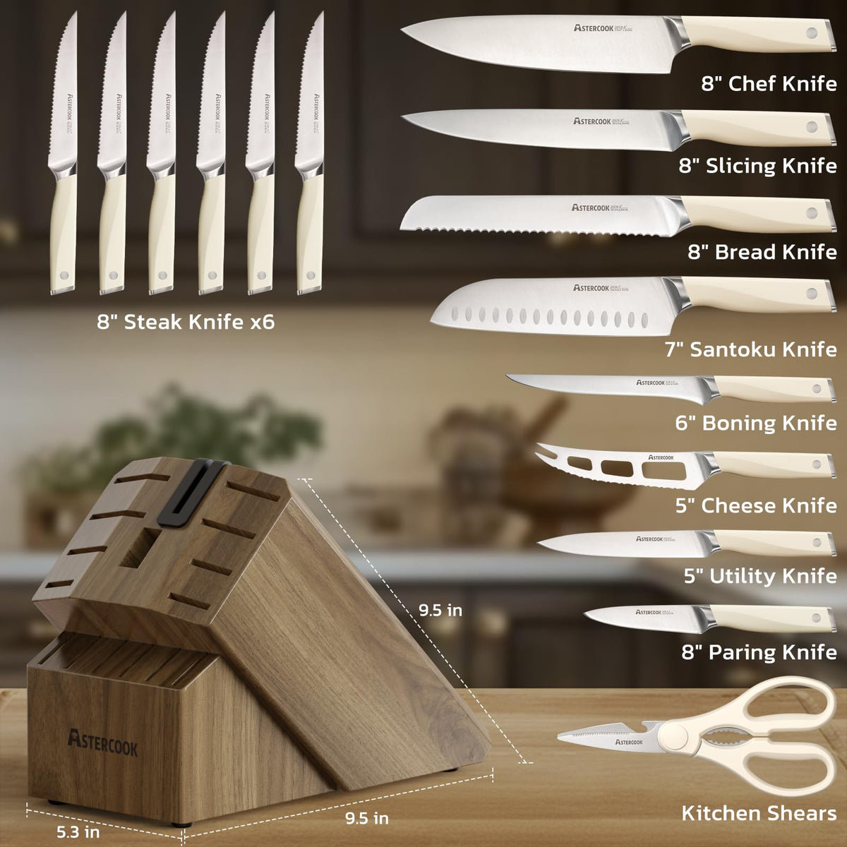 Astercook 8-inch serrated bread knife slices crusty loaves with ease.