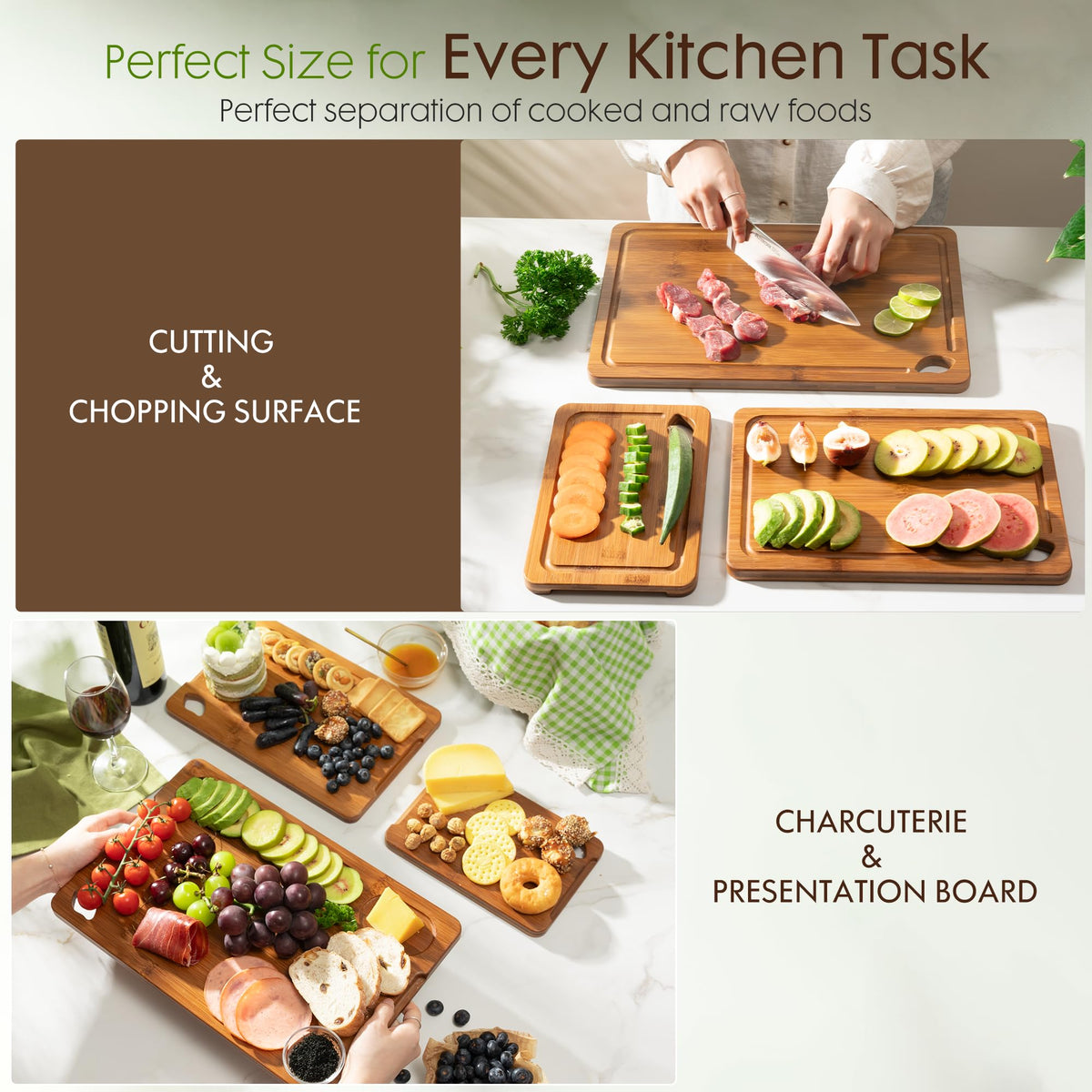 Astercook bamboo cutting board juice grooves catch liquids and protect counters.