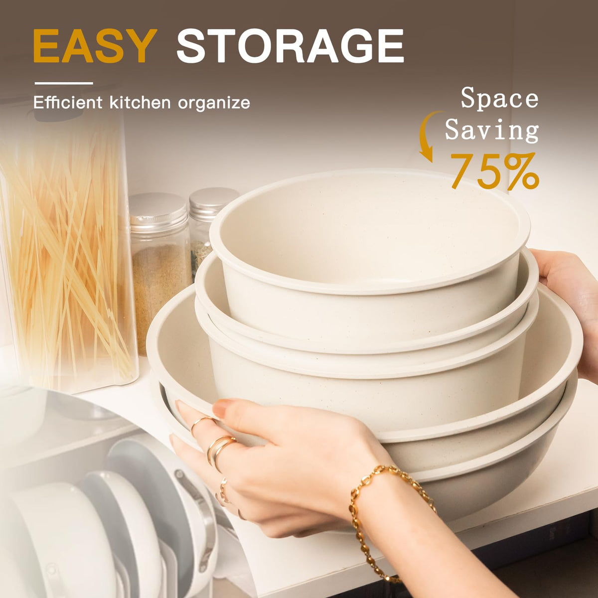 Astercook cream-white finish on cookware adds a bright, clean kitchen look.