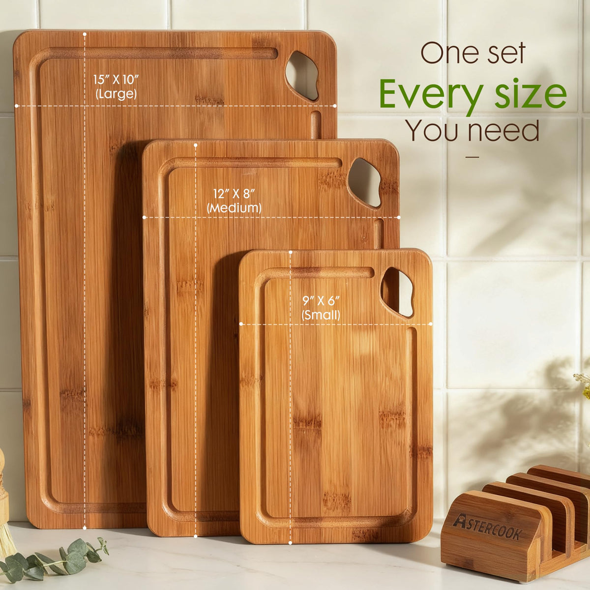 Astercook cutting board 9x6 fits small prep jobs.