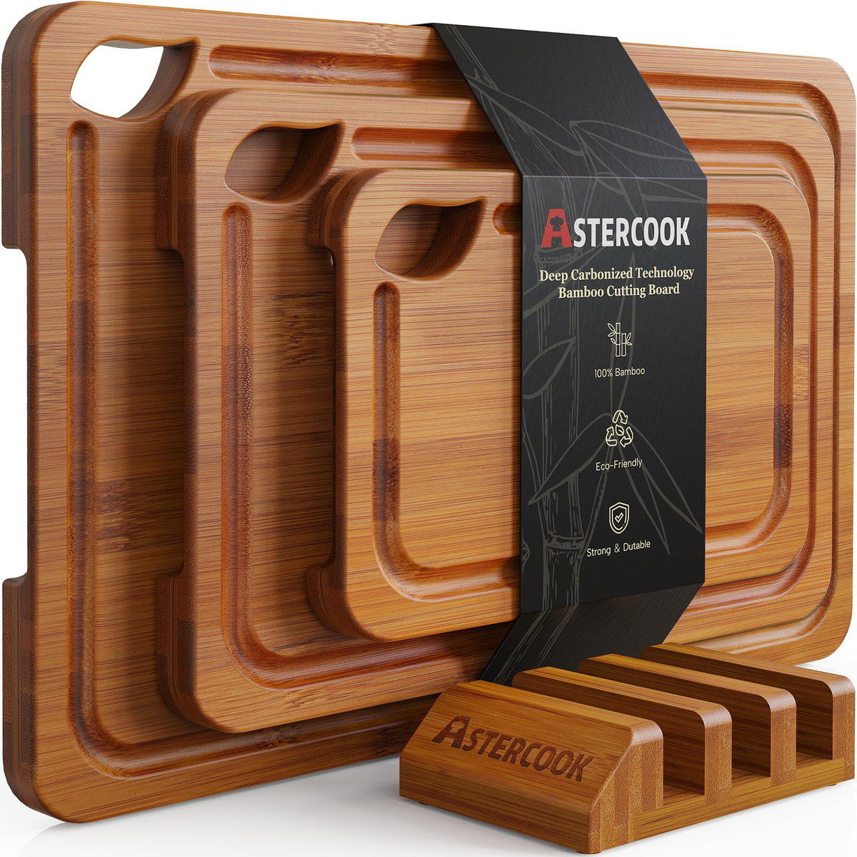 Astercook deep-carbonized bamboo cutting stand keeps the kitchen organized and dry.