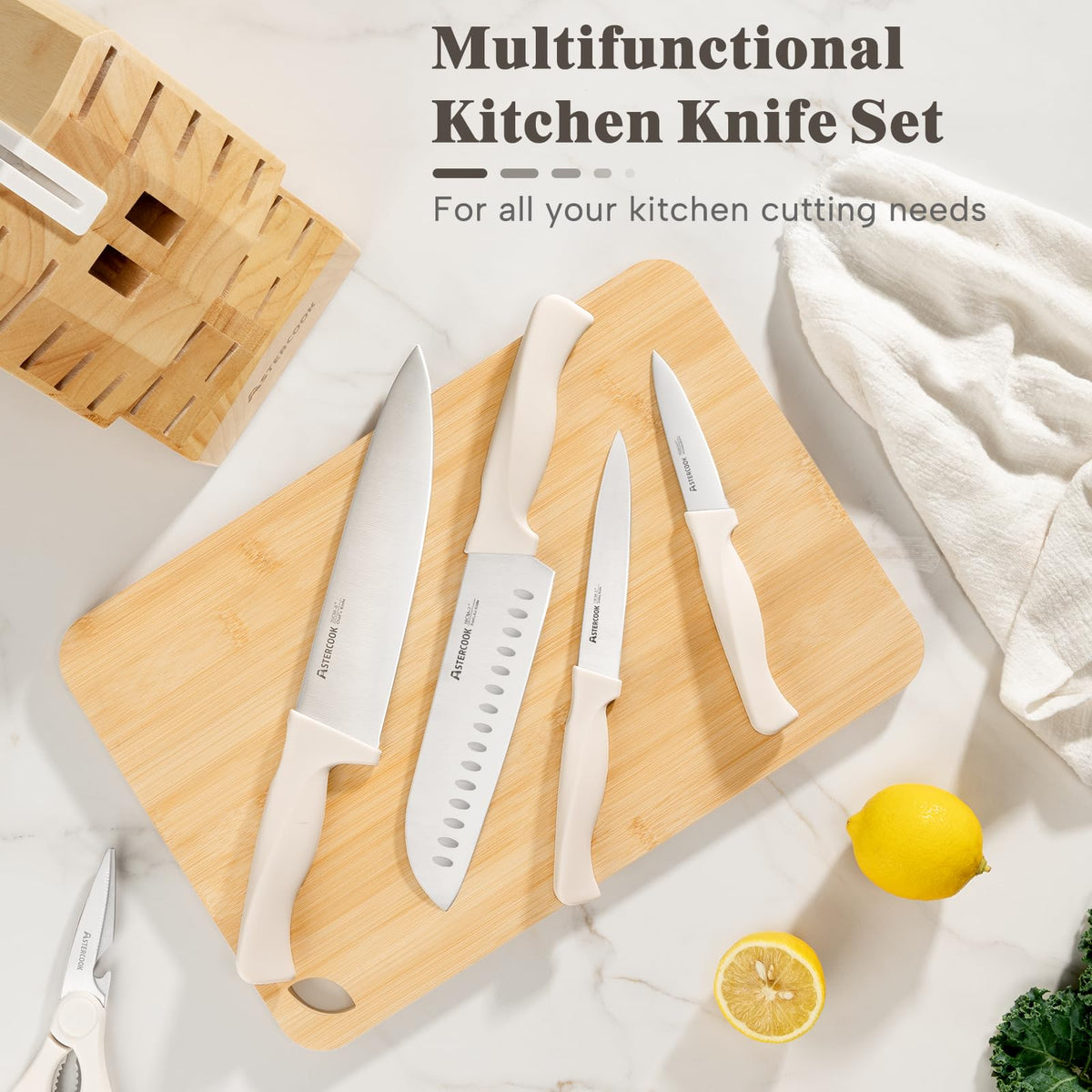 Lifestyle scene showing Astercook knives ready for meal prep