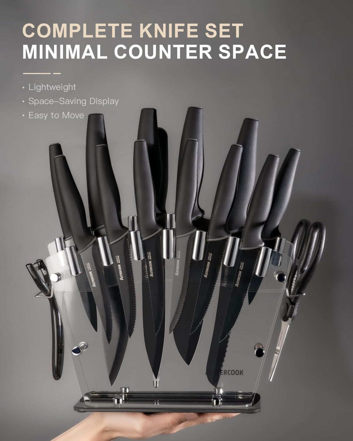 Astercook dishwasher-safe knives simplifying cleanup after cooking tasks.