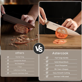 Astercook full-tang ergonomic knives provide balanced grip for precise, comfortable slicing.