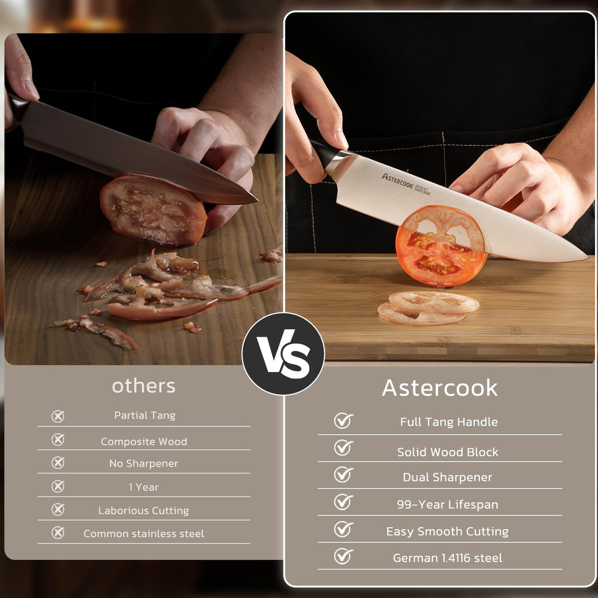 Astercook knife block with built-in sharpener for quick blade upkeep.