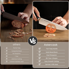 Astercook knife block with built-in sharpener for quick blade upkeep.