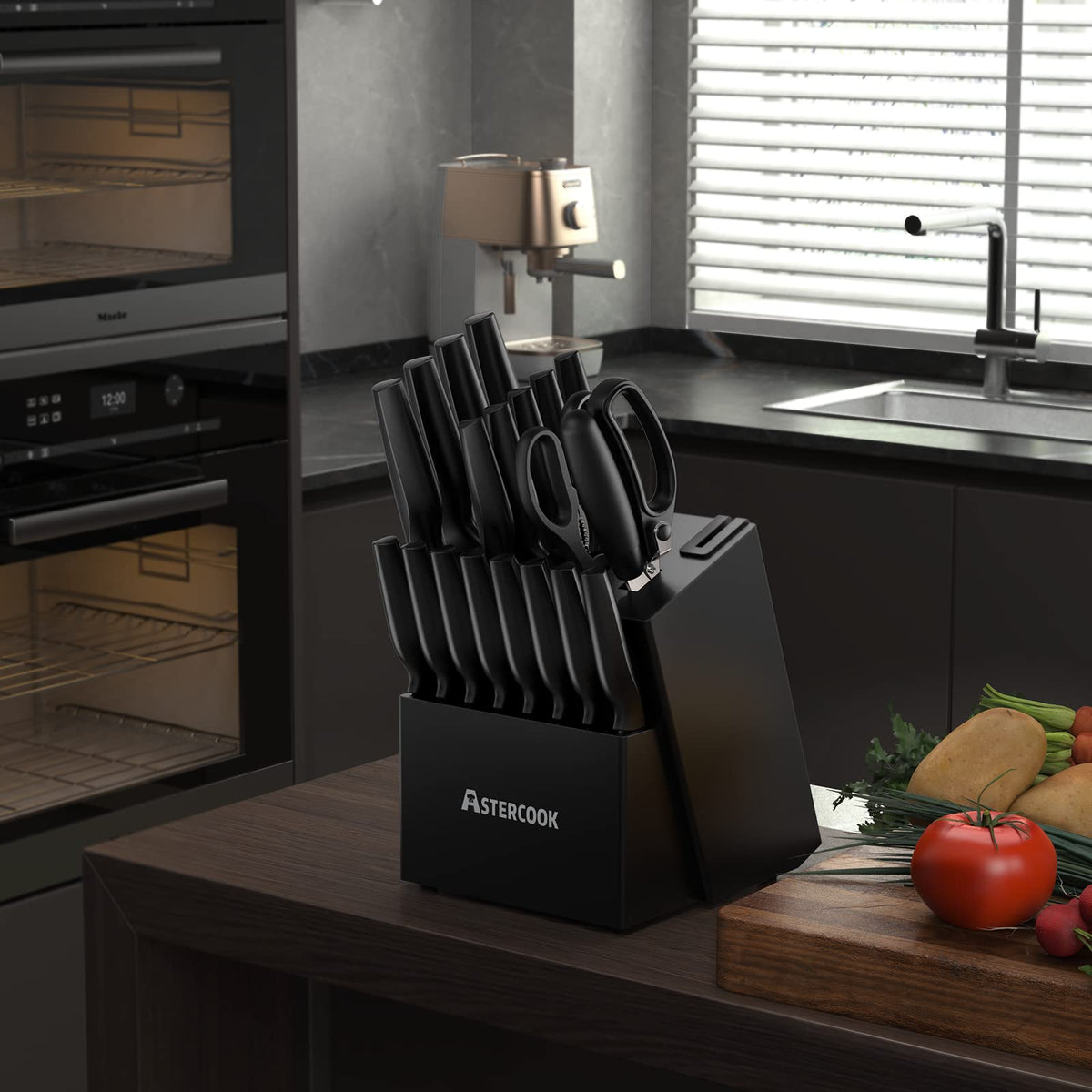 Astercook hardwood knife block keeps blades neatly organized