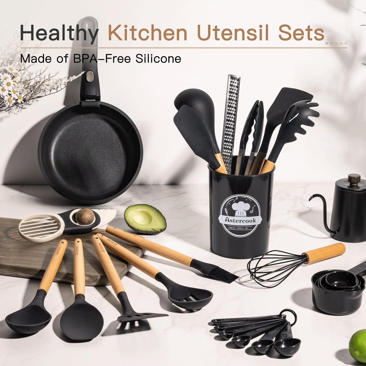 Astercook heat-resistant utensils up to 446°F for high-heat cooking.