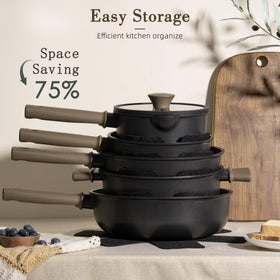 Astercook heat-resistant wood-grain handles offer a comfortable, secure grip