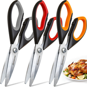 Astercook three-pack kitchen scissors with color-coded handles for easy task separation.