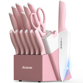 Astercook knife block with built-in sharpener keeps blades ready for precise cuts.