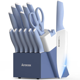 Astercook knife block with built-in sharpener shows sharp blades for precise prep