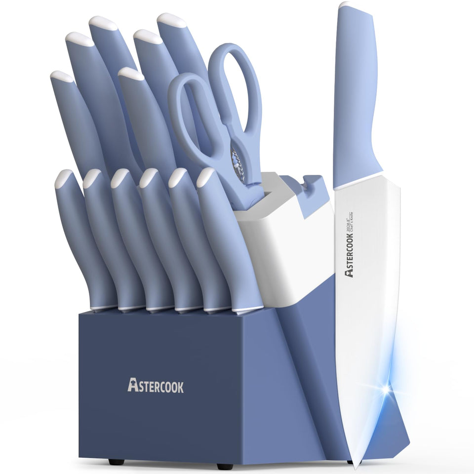 Astercook knife block with built-in sharpener shows sharp blades for precise prep