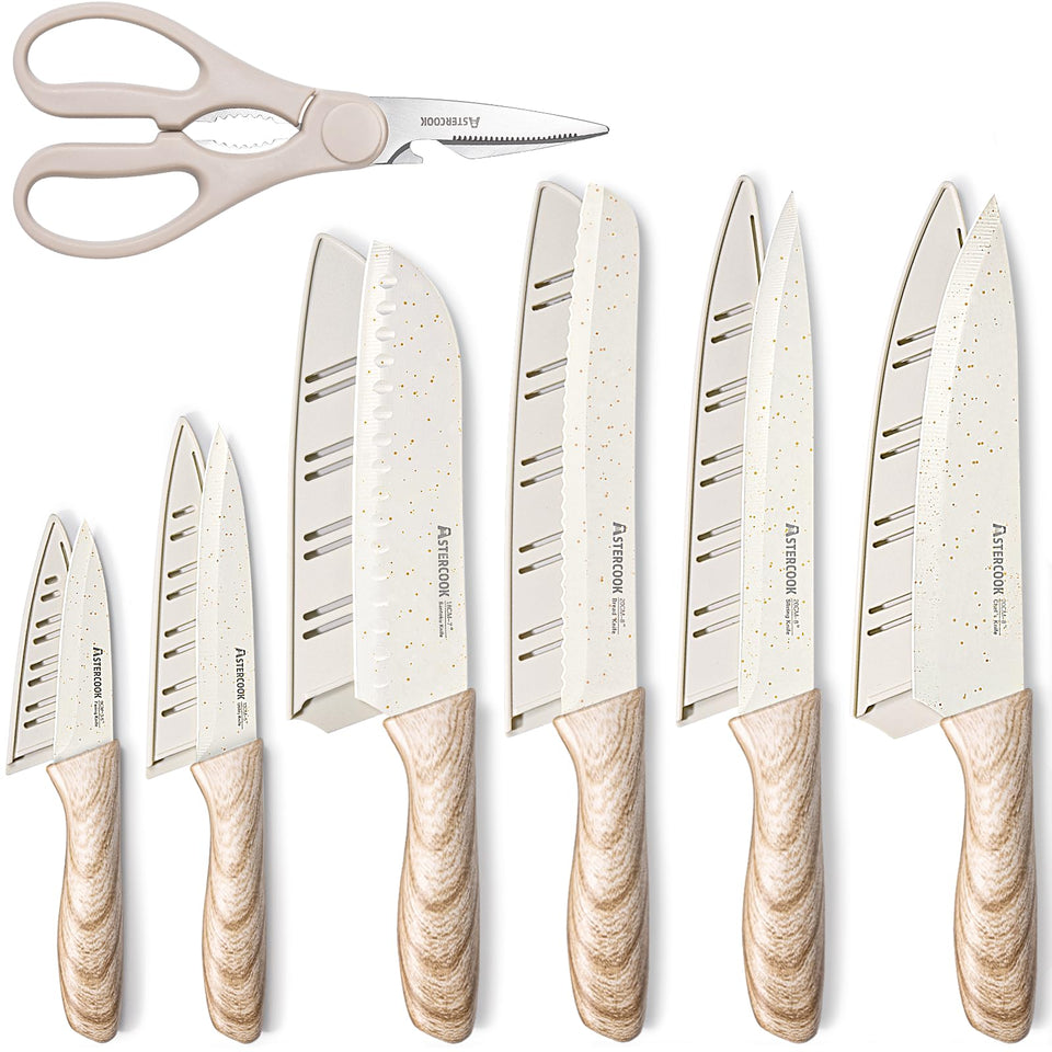 Astercook 13-piece knife set assembled with wood-pattern handles for home and travel use