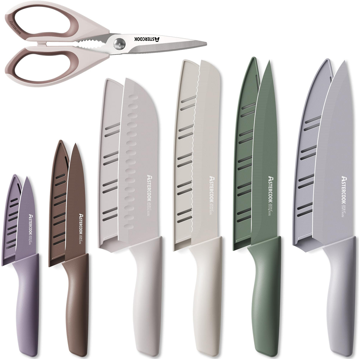 Astercook 13-piece knife set displayed for versatile kitchen prep tasks.