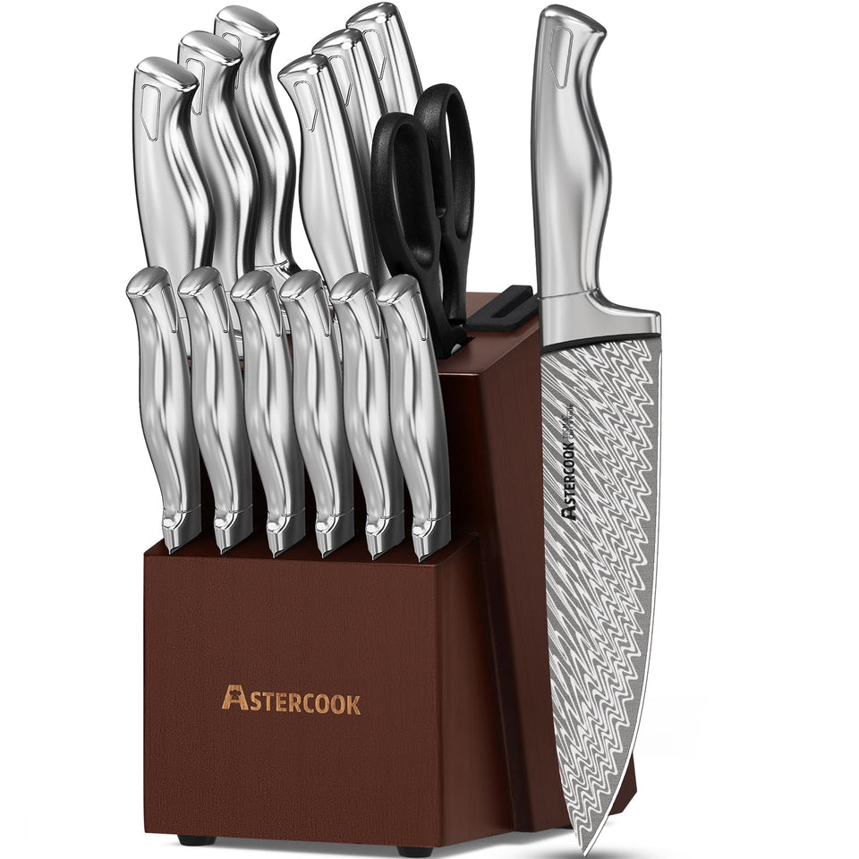 Astercook 15-piece knife set in block with built-in sharpener for easy maintenance
