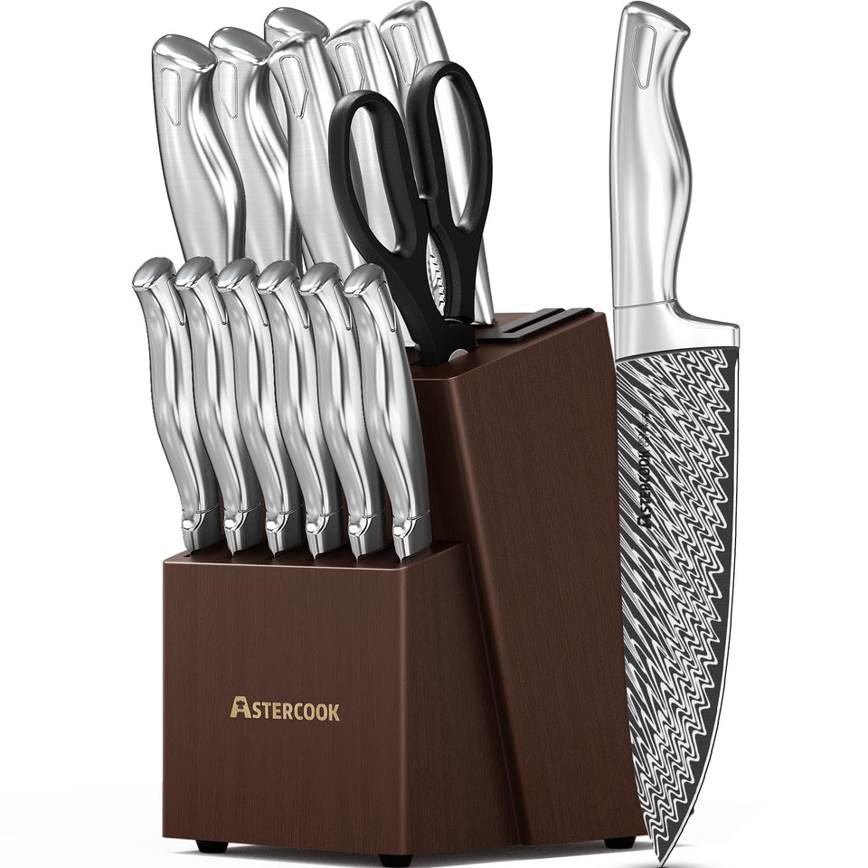 Astercook 15-piece knife set with block highlights precision and organized kitchen storage.