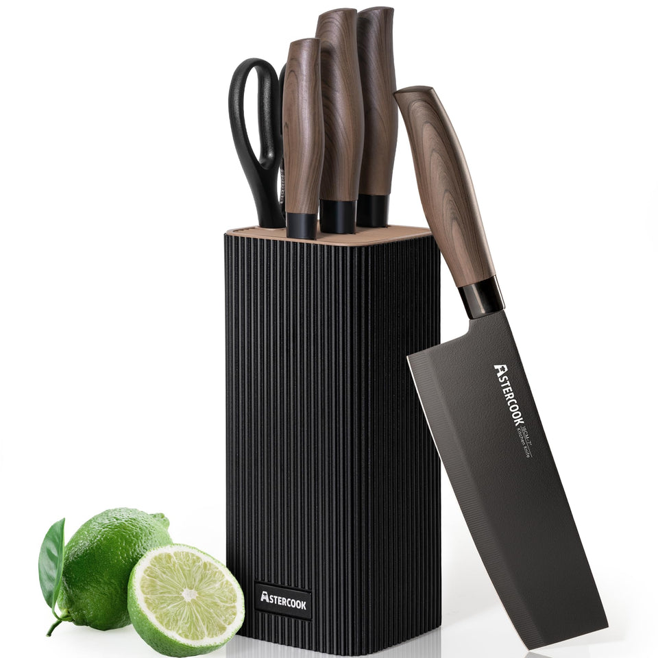 Astercook knife set 6-piece block on counter showing modern aesthetic and practical storage