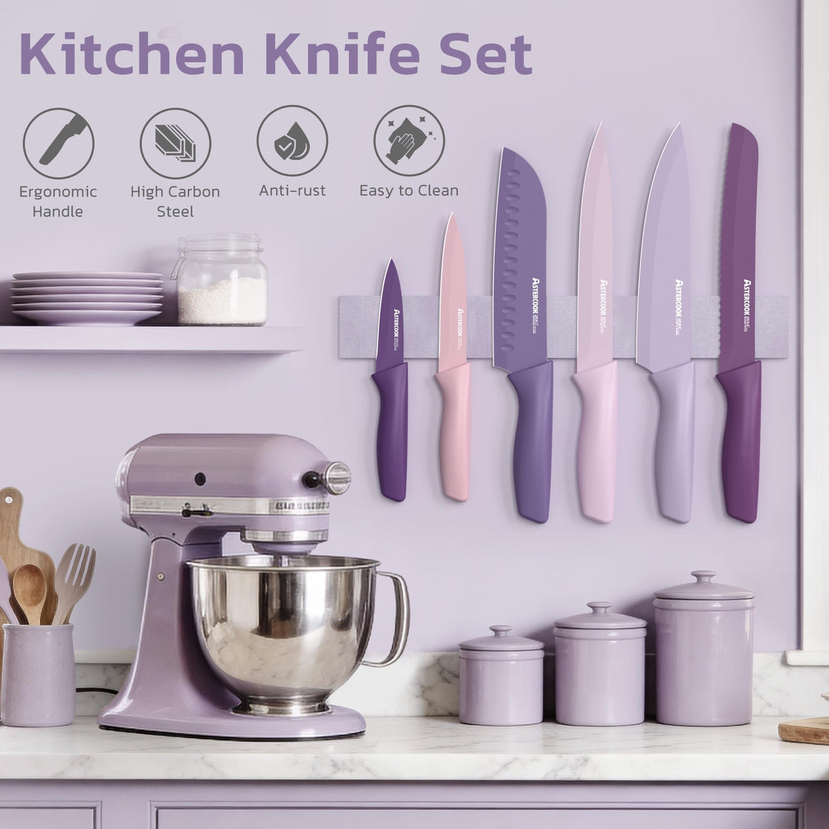 Astercook knife set 8-inch serrated bread knife for crusty loaves.