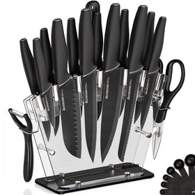 Astercook knife-set with block and sharpener on counter, space-saving organization.