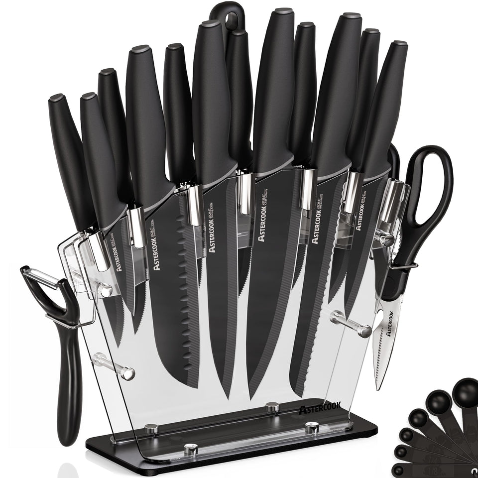 Astercook knife-set with block and sharpener on counter, space-saving organization.