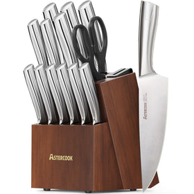 Astercook knife set block and sharpener; blades are organized and ready for precise cuts.