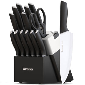 Astercook knife set in block with built-in sharpener, showcasing lasting sharpness for precise slicing