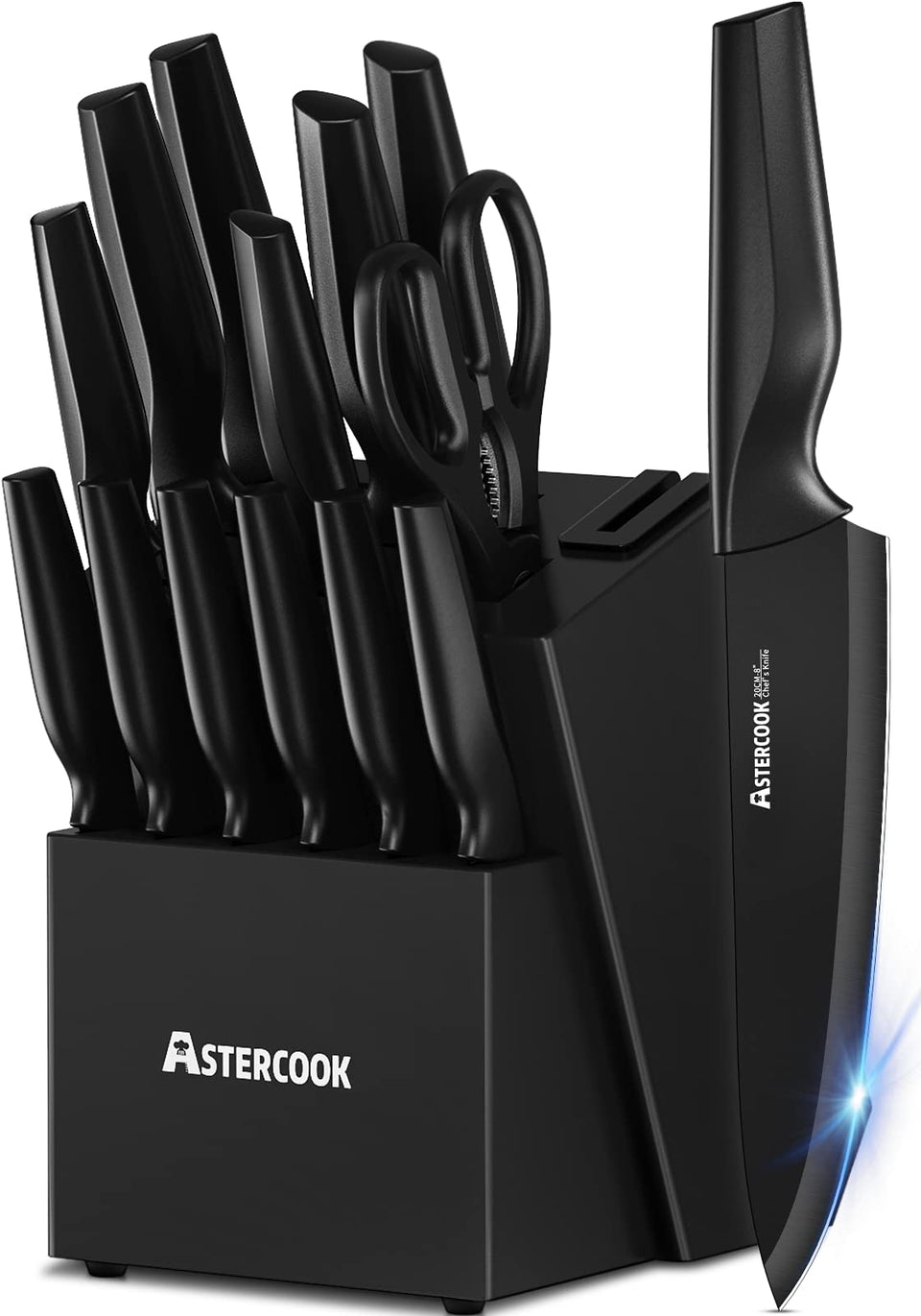 Astercook knife set with built-in sharpener in the block for quick edge touch-ups