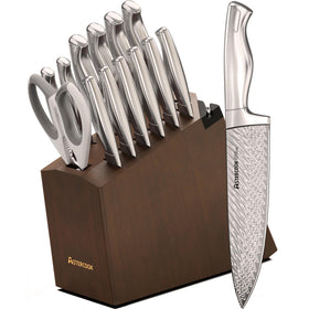 Astercook knife set displayed with wooden block and built-in sharpener for edge maintenance.